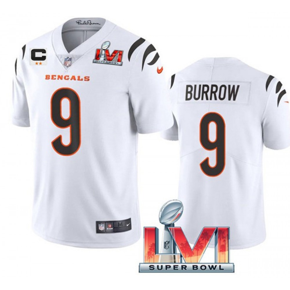 Youth Cincinnati Bengals #9 Joe Burrow 2022 White With C Patch Super Bowl LVI Vapor Limited Stitched Jersey