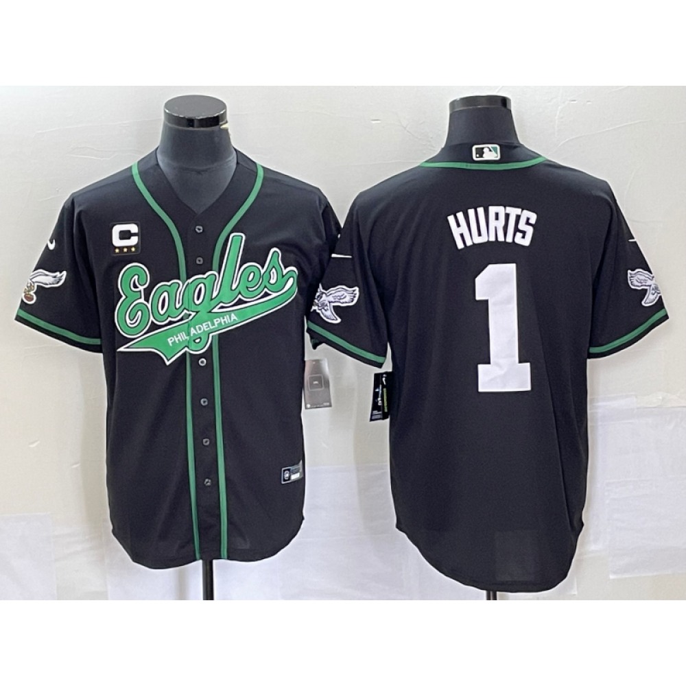 Men's Philadelphia Eagles #1 Jalen Hurts Black With 3-starC Patch Cool Base Stitched Baseball Jersey