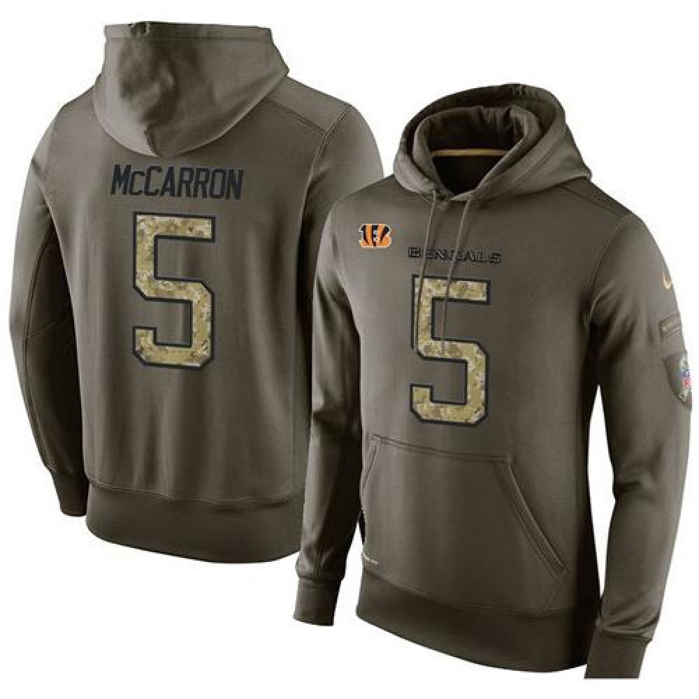 NFL Men'sCincinnati Bengals #5 AJ McCarron Stitched Green Olive Salute To Service KO Performance Hoodie