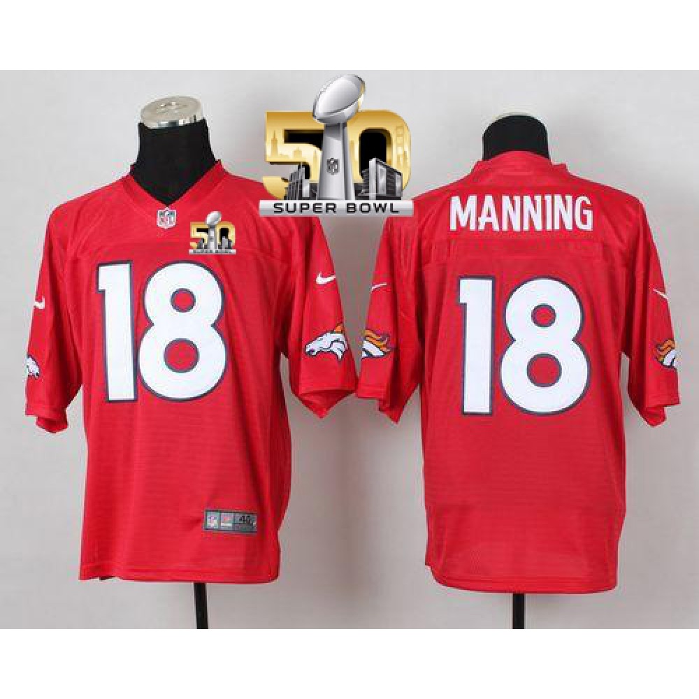 Broncos #18 Peyton Manning Red Super Bowl 50 Men's Stitched NFL Elite QB Practice Jersey