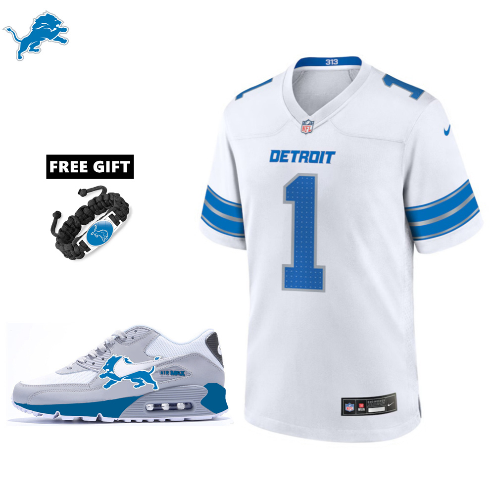 🔥Combo Sale - Detroit Lions Jameson Williams Nike White Game Jersey & Air Max 90 Classic Sneakers