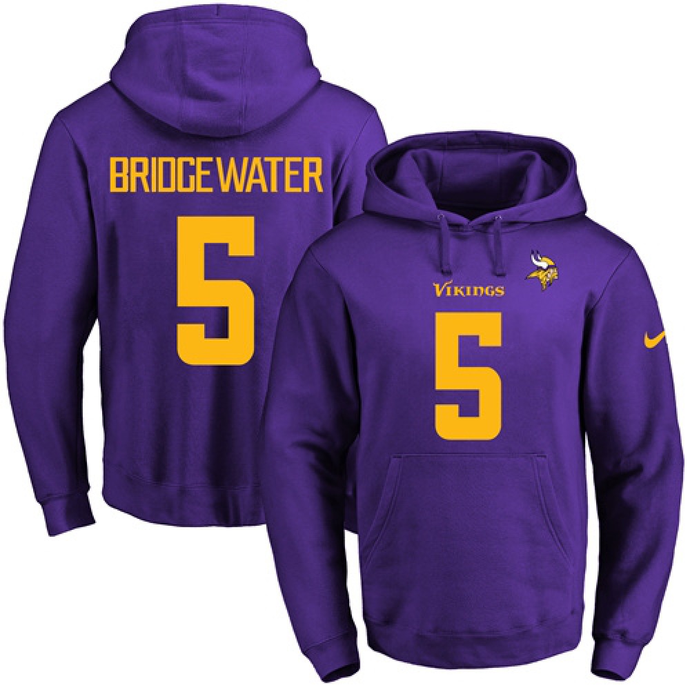 Vikings #5 Teddy Bridgewater Purple(Gold No.) Name & Number Pullover NFL Hoodie
