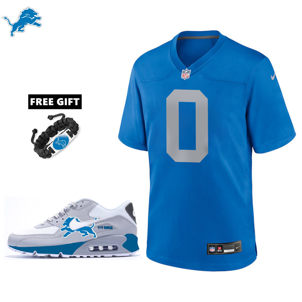 🔥Combo Sale - Detroit Lions Jahmyr Gibbs Nike Blue Alternate Game Jersey & Air Max 90 Classic Sneakers