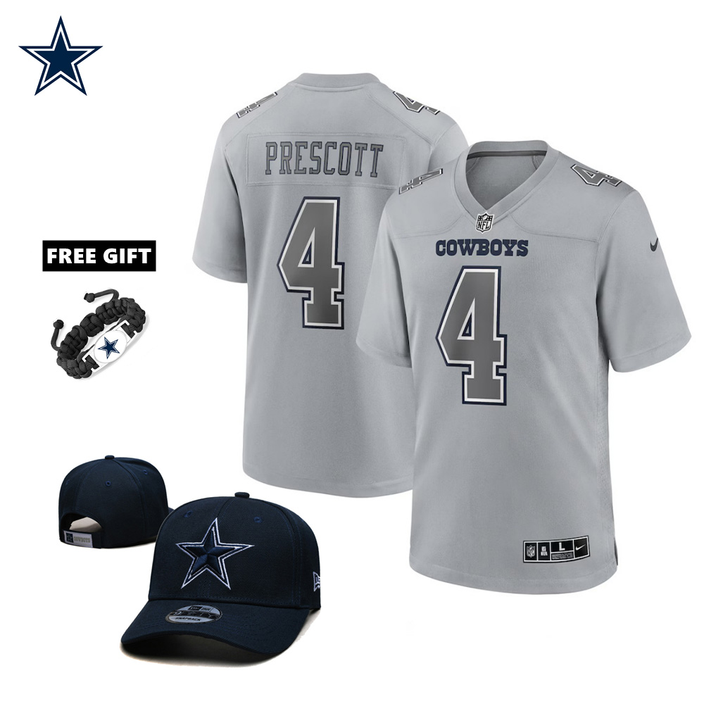 🔥Combo Sale - Dallas Cowboys Dak Prescot Nike Gray Atmosphere Fashion Game Jersey & New Era Navy Main 9FIFTY Adjustable Hat