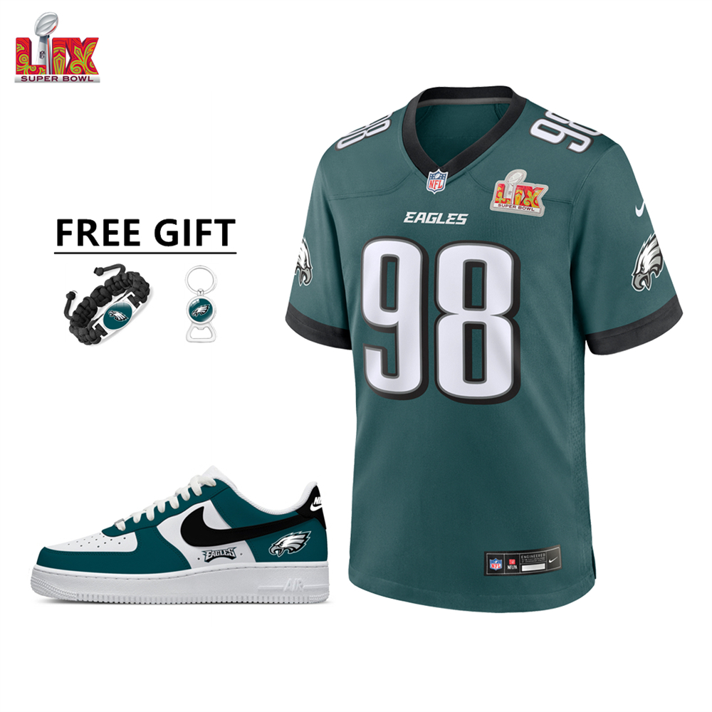 🔥Combo Sale - Philadelphia Eagles Jalen Carter Nike Midnight Green Super Bowl LIX Game Jersey & Air Force 1 Low Team Sneakers