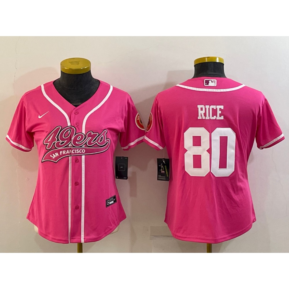 Women's San Francisco 49ers #80 Jerry Rice Pink With Patch Cool Base Stitched Baseball Jersey(Run Small)