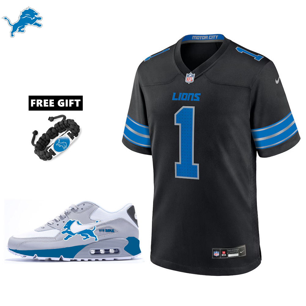 🔥Combo Sale - Detroit Lions Jameson Williams Nike Black 2nd Alternate Game Jersey & Air Max 90 Classic Sneakers
