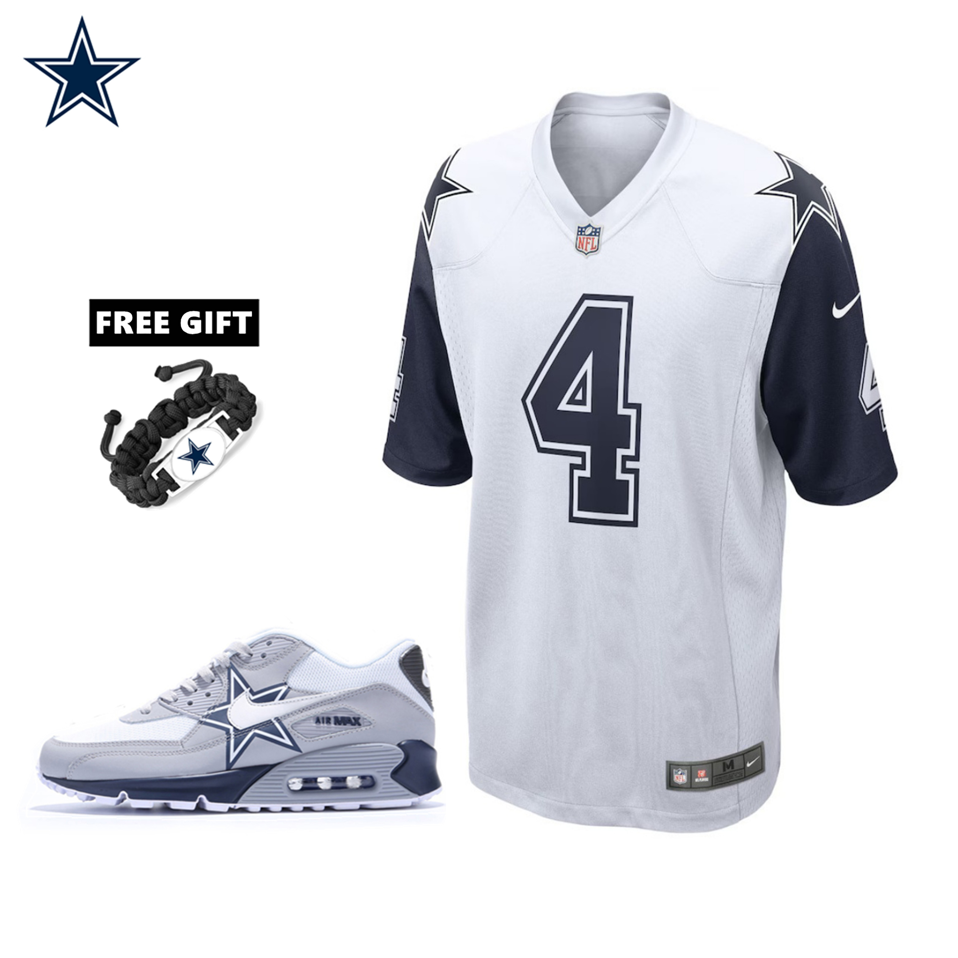 🔥Combo Sale - Dallas Cowboys Dak Prescott Nike White Alternate Game Jersey & Air Max 90 Classic Sneakers