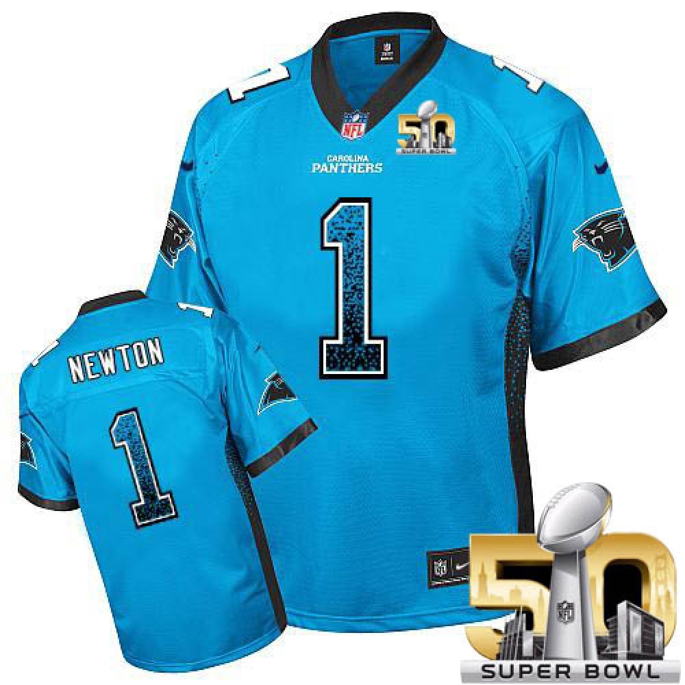 Panthers #1 Cam Newton Blue Alternate Super Bowl 50 Youth Stitched NFL Elite Drift Fashion Jersey