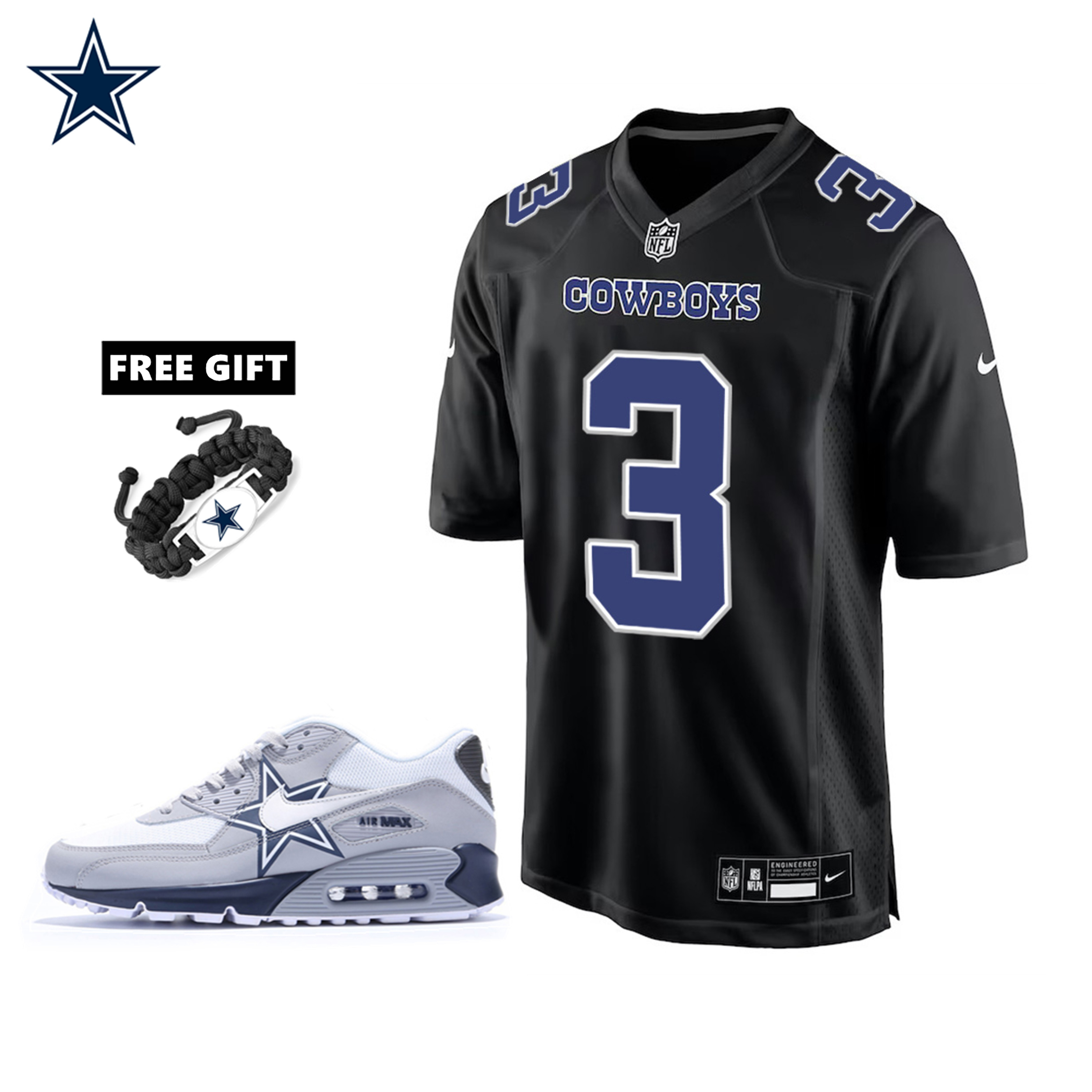 🔥Combo Sale - Dallas Cowboys George Pickens Nike Carbon Black Fashion Game Jersey & Air Max 90 Classic Sneakers