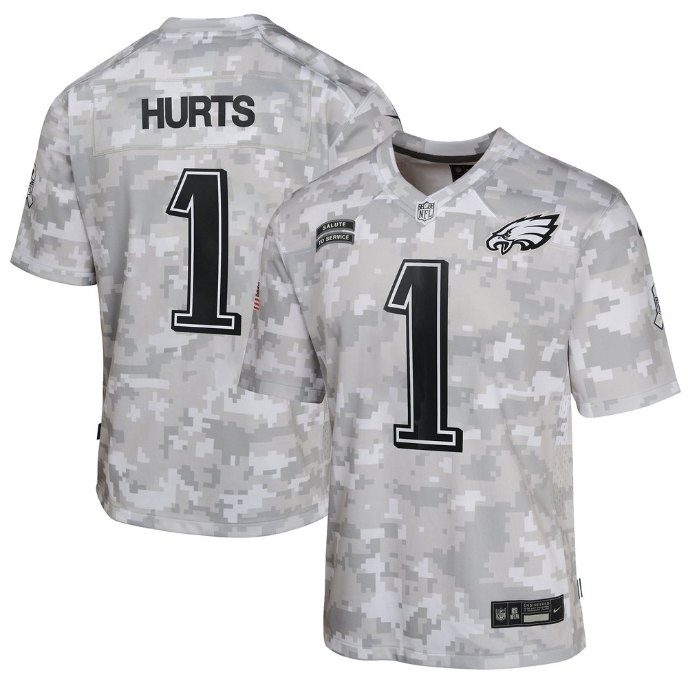 Youth Philadelphia Eagles #1 Jalen HurtsArctic Camo 2024 Salute to Service Game Jersey