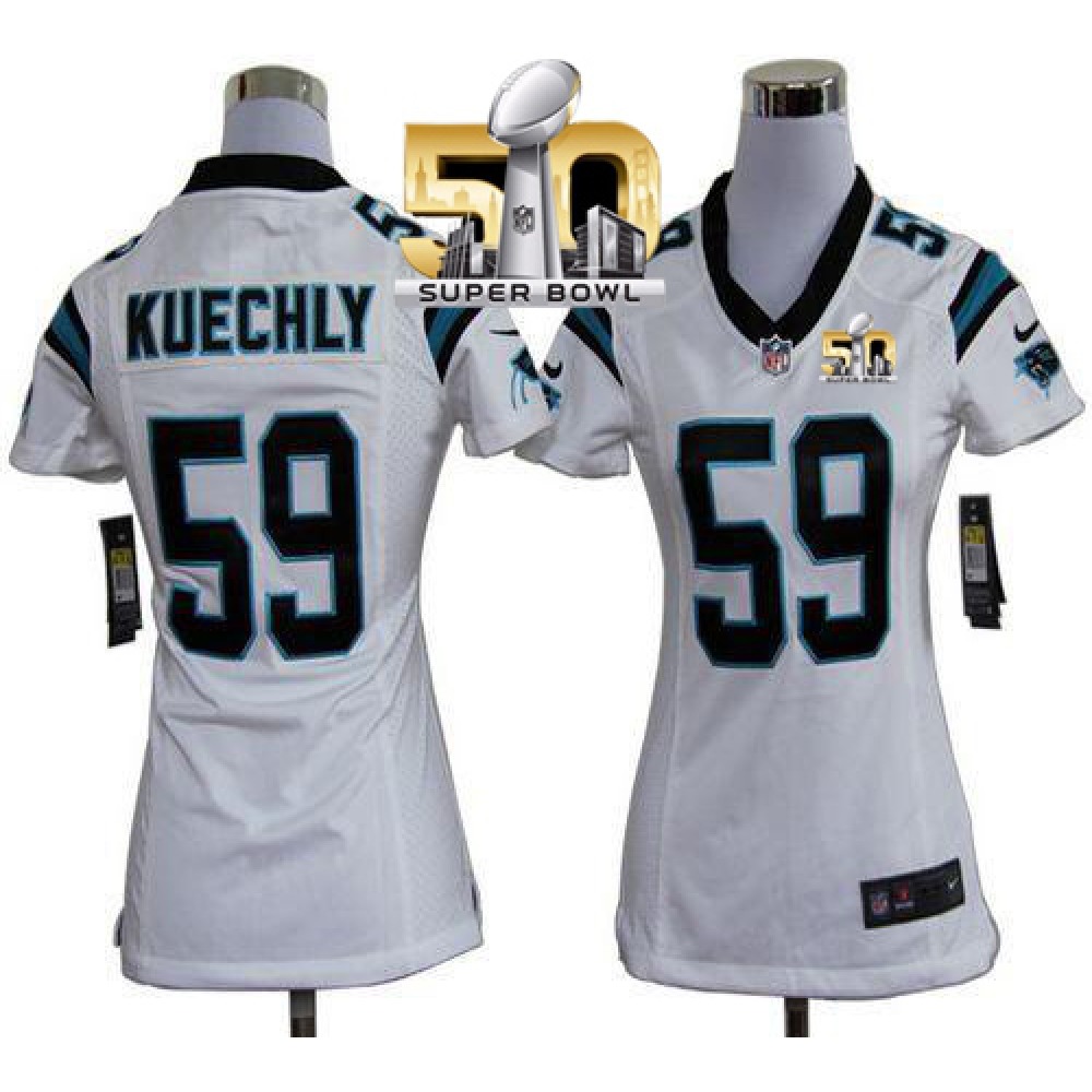 Panthers #59 Luke Kuechly White Super Bowl 50 Women's Stitched NFL Elite Jersey
