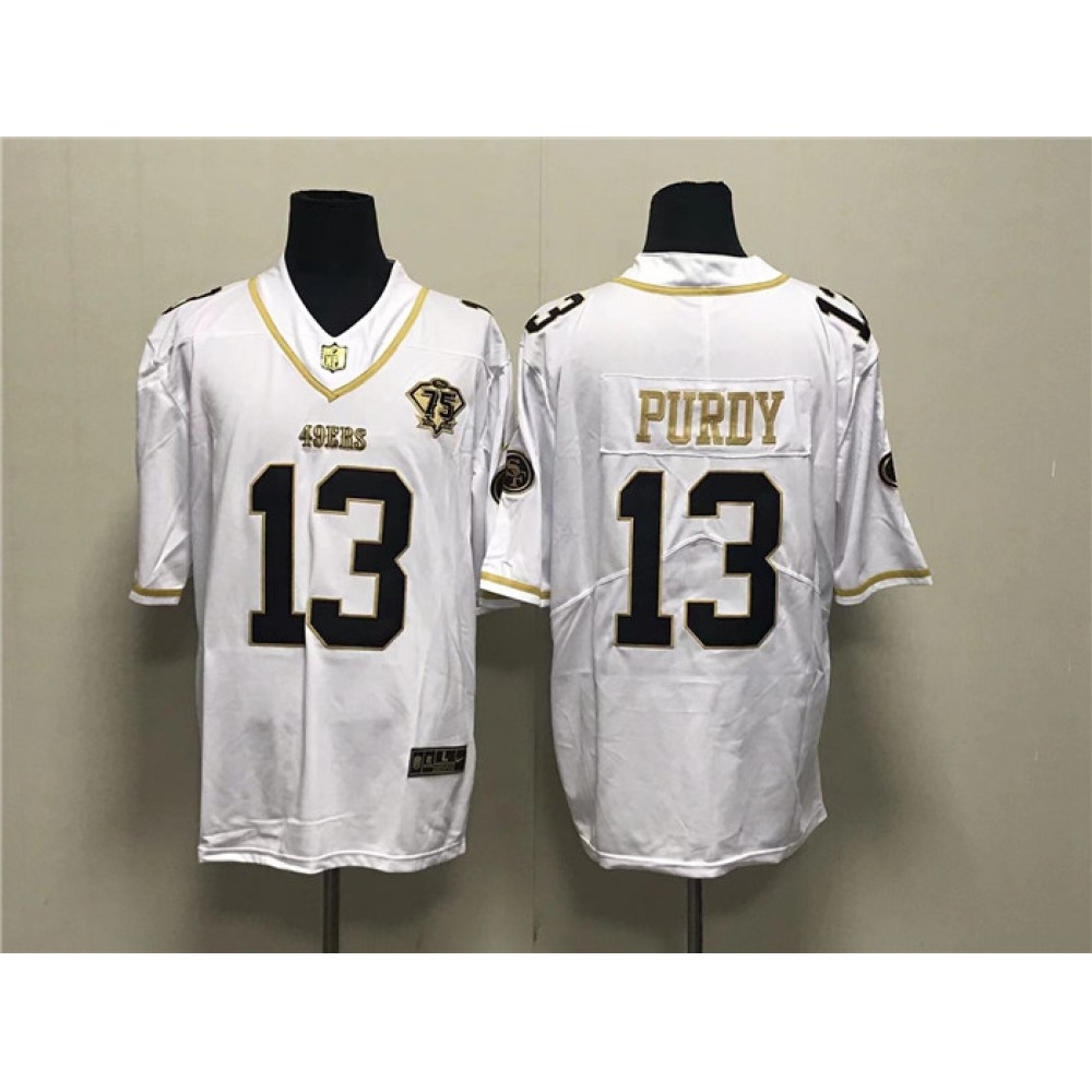 Men's San Francisco 49ers #13 Brock Purdy White Gold With 75thAnniversary Patch Stitched Jersey