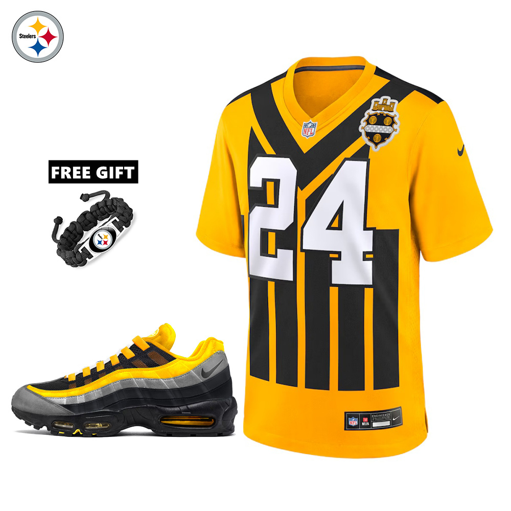 🔥Combo Sale - Pittsburgh Steelers Joey Porter Jr. Nike Gold Alternate 1933 Throwback Game Jersey & Air Max 95 Team Color Sneakers