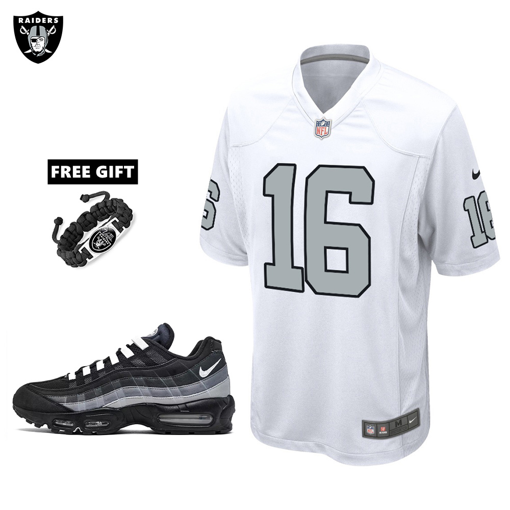 🔥Combo Sale - Las Vegas Raiders Jakobi Meyers Nike White Alternate Game Jersey & Air Max 95 Team Color Sneakers