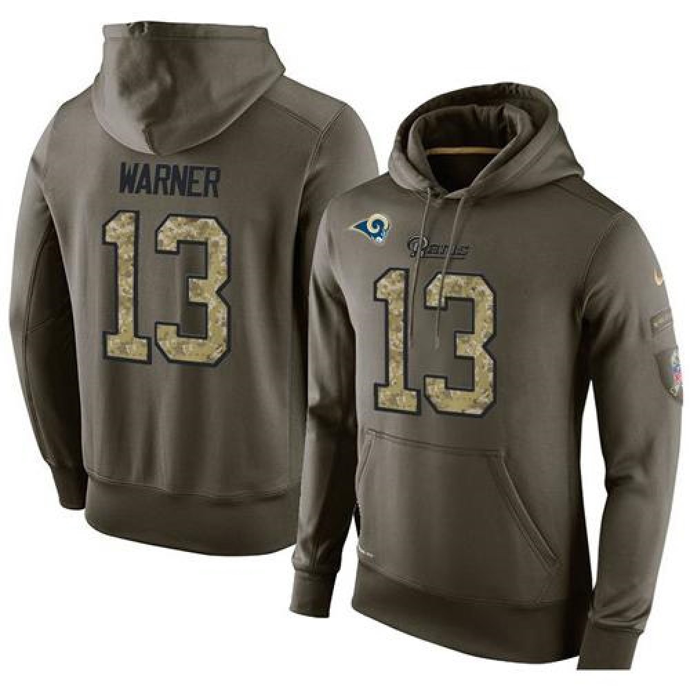 NFL Men'sLos Angeles Rams #13 Kurt Warner Stitched Green Olive Salute To Service KO Performance Hoodie