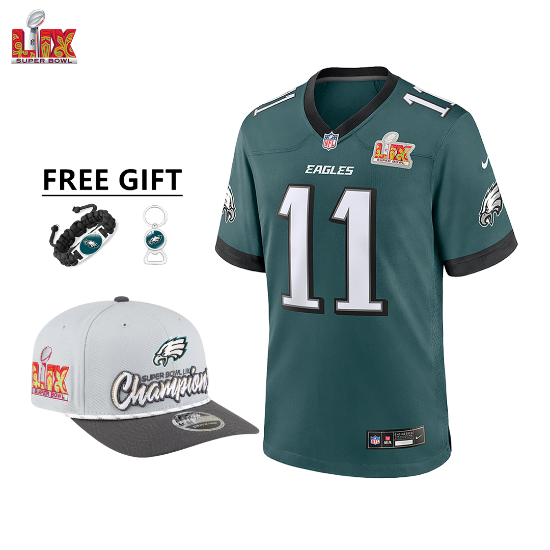🔥Champ Combo Sale - Philadelphia Eagles A.J. Brown Nike Midnight Green Super Bowl LIX Game Jersey & New Era Gray/Charcoal Super Bowl LIX Champions Adjustable Hat