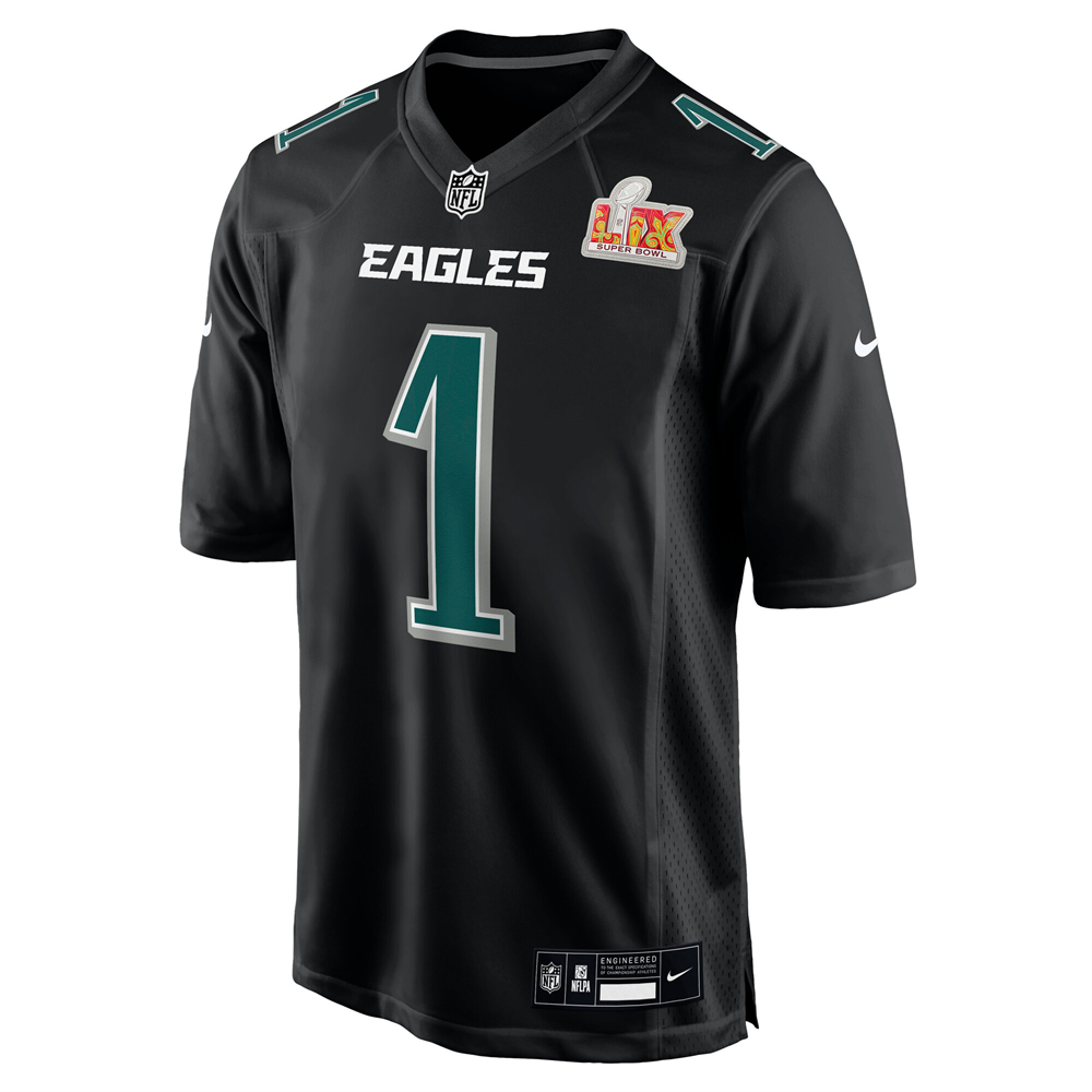 🔥Champ Combo Sale - Philadelphia Eagles Jalen Hurts Nike Carbon Black Super Bowl LIX Game Jersey & New Era Gray/Charcoal Super Bowl LIX Champions Adjustable Hat