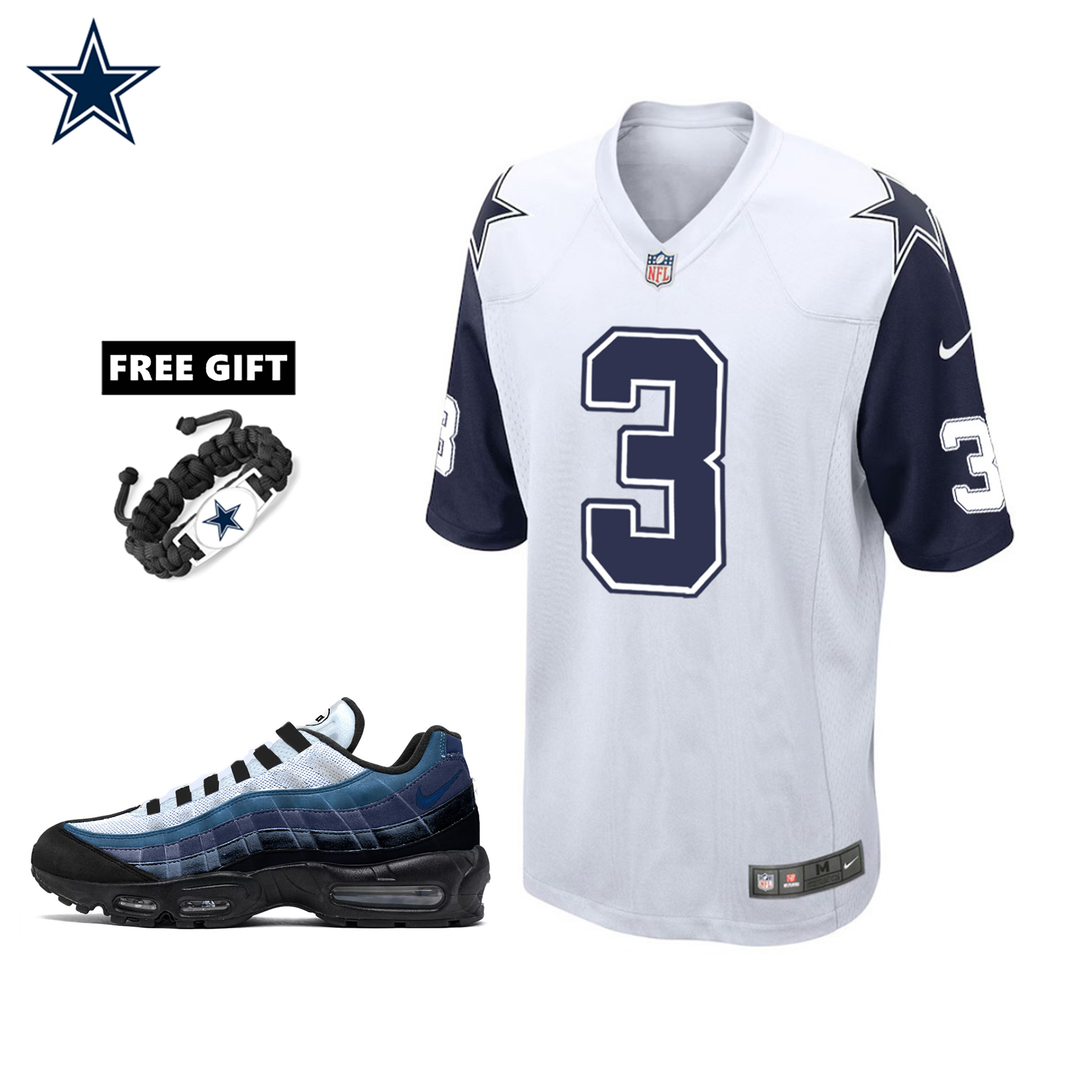 🔥Combo Sale - Dallas Cowboys George Pickens Nike White Alternate Game Jersey & Air Max 95 Team Color Sneakers