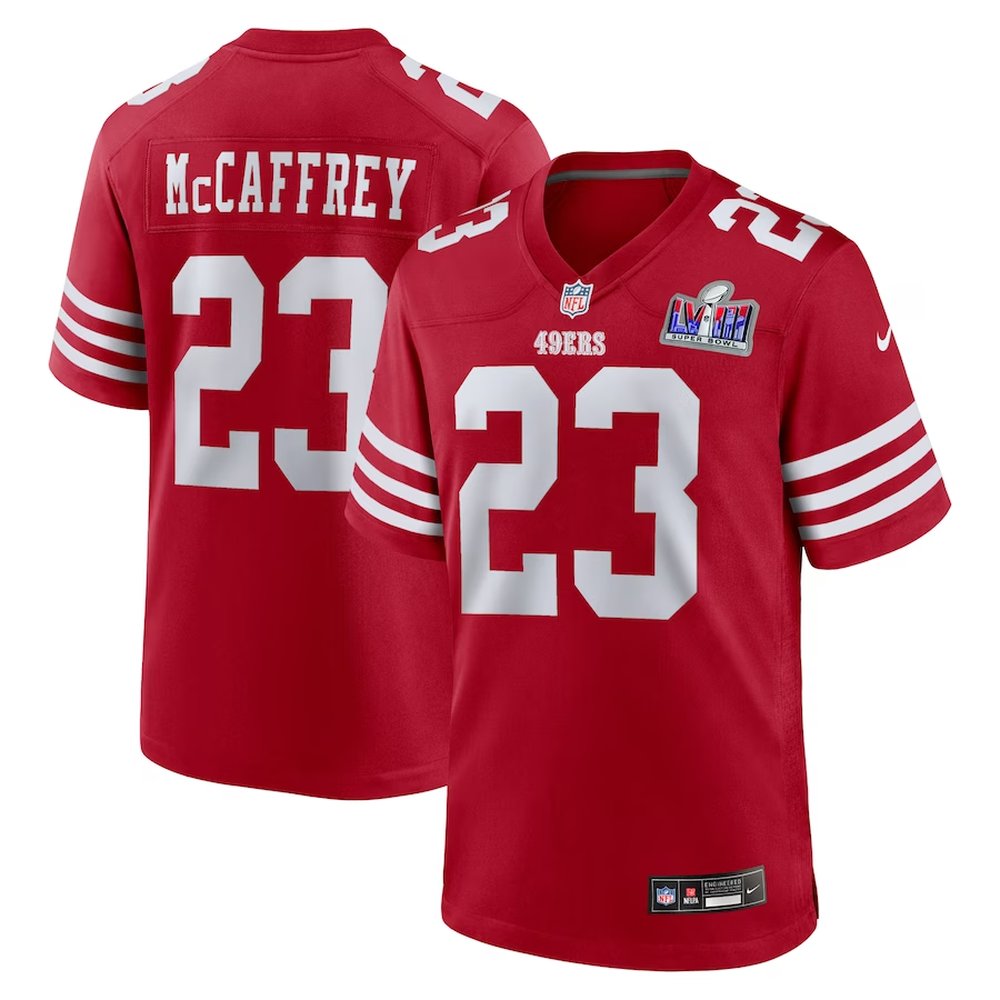 Men's San Francisco 49ers #23 Christian McCaffreyScarlet Super Bowl LVIII Game Jersey