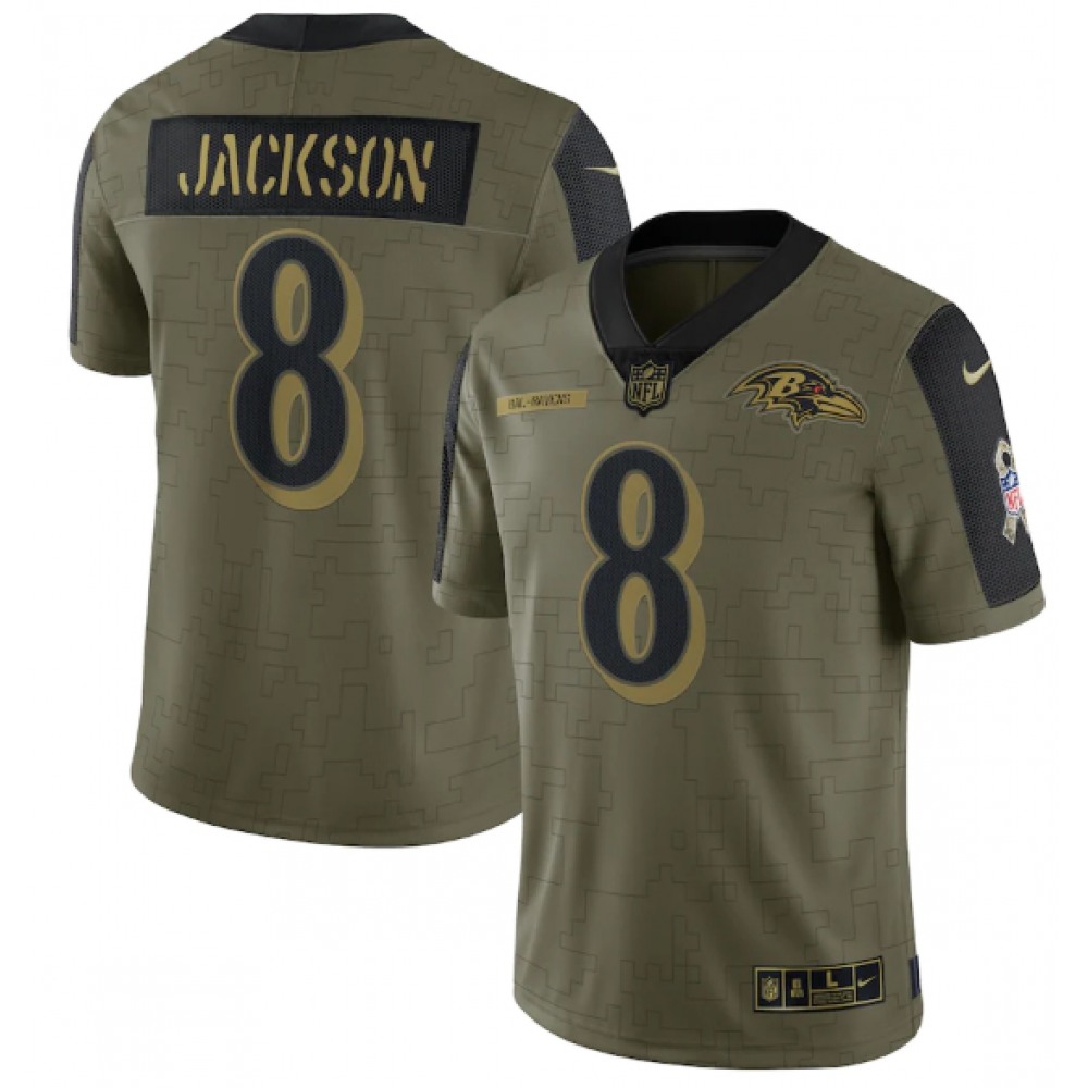 Men's Baltimore Ravens #8 Lamar Jackson 2021 Olive Salute To Service Limited Stitched Jersey