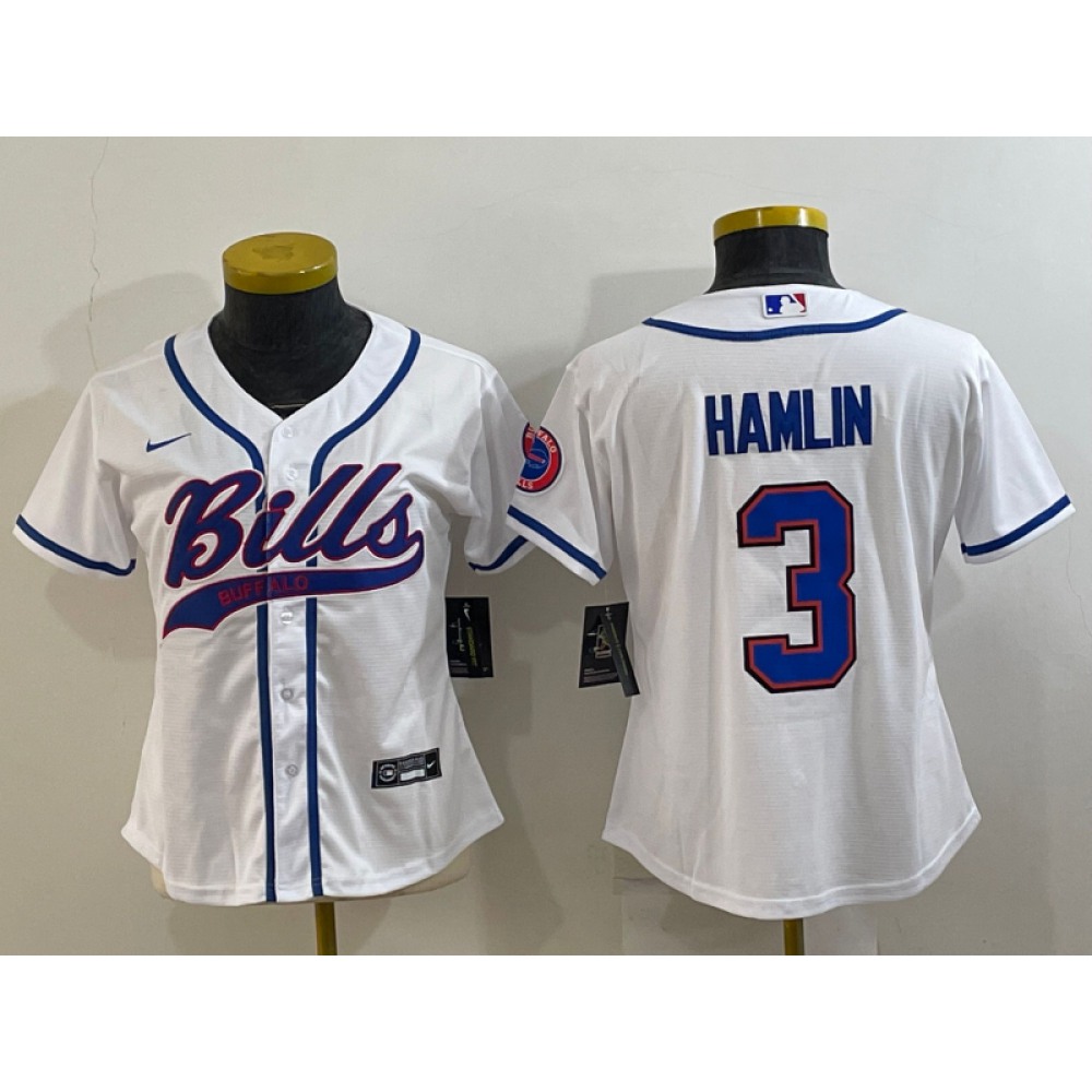 Youth Buffalo Bills #3 Damar Hamlin White With Patch Cool Base Stitched Baseball Jersey