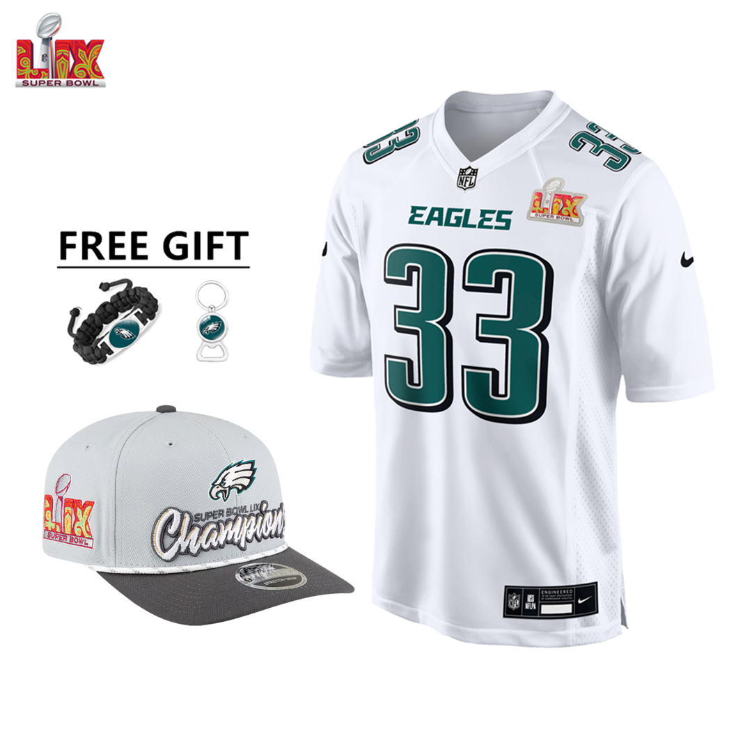 🔥Champ Combo Sale - Philadelphia Eagles Cooper DeJean Nike Tundra White Super Bowl LIX Game Jersey & New Era Gray/Charcoal Champions Adjustable Hat