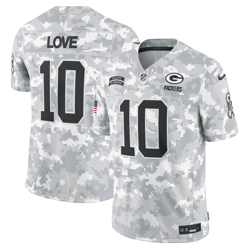 Men's Green Bay Packers #10 Jordan LoveArctic Camo 2024 Salute to Service Limited Jersey