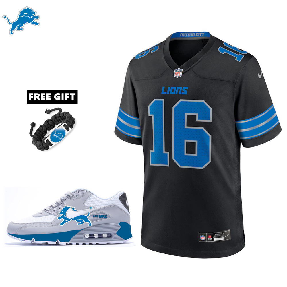 🔥Combo Sale - Detroit Lions Jared Goff Nike Black 2nd Alternate Game Jersey & Air Max 90 Classic Sneakers