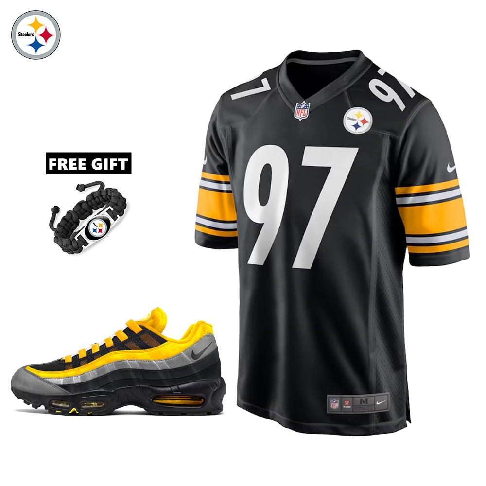 🔥Combo Sale - Pittsburgh Steelers Cameron Heyward Nike Black Game Jersey & Air Max 95 Team Color Sneakers