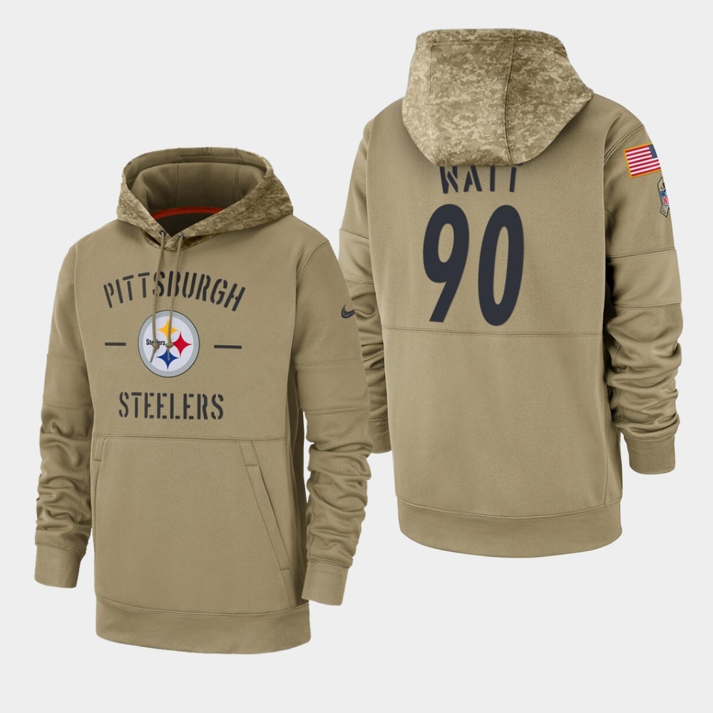 Men's Pittsburgh Steelers #90 T. J. WattTan 2019 Salute to Service Sideline Therma Pullover Hoodie