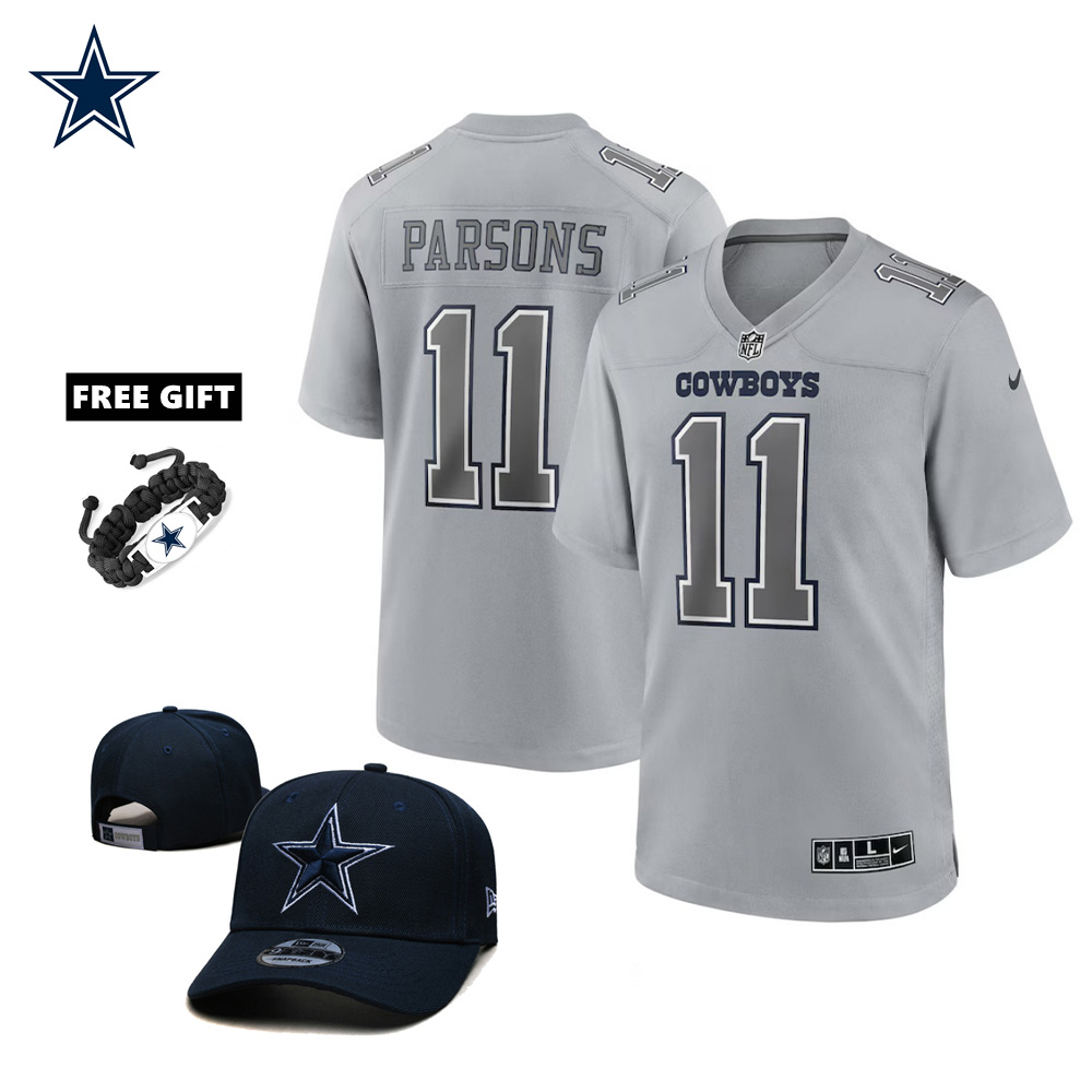 🔥Combo Sale - Dallas Cowboys Micah Parsons Nike Gray Atmosphere Fashion Game Jersey & New Era Navy Main 9FIFTY Adjustable Hat