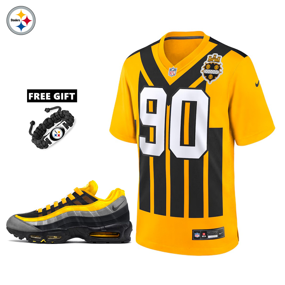 🔥Combo Sale - Pittsburgh Steelers T.J. Watt Nike Gold Alternate 1933 Throwback Game Jersey & Air Max 95 Team Color Sneakers