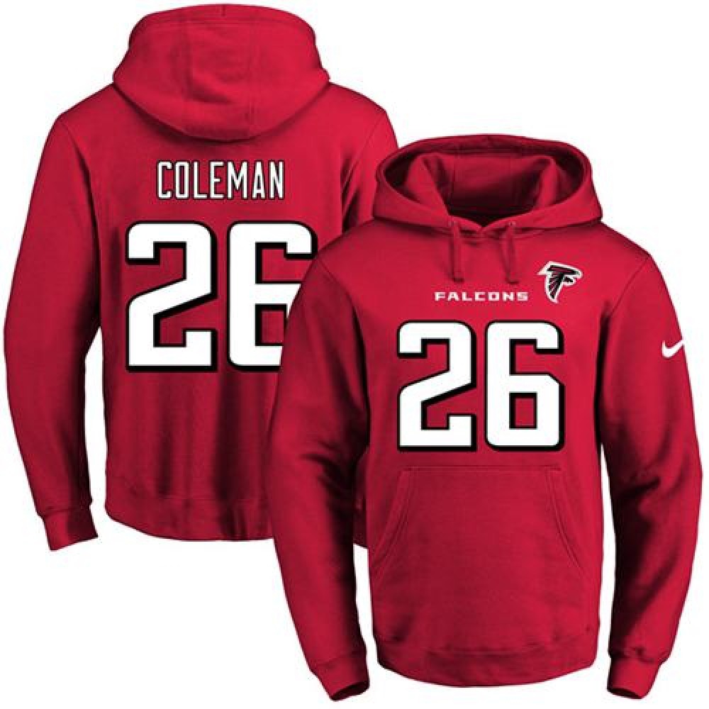 Falcons #26 Tevin Coleman Red Name & Number Pullover NFL Hoodie