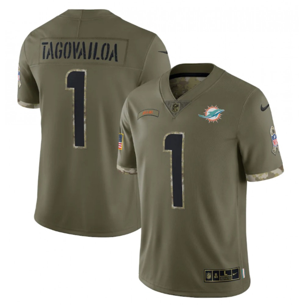 Men's Miami Dolphins #1 Tua Tagovailoa Olive 2022 Salute To Service Limited Stitched Jersey
