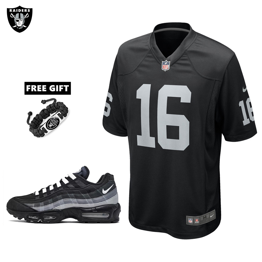 🔥Combo Sale - Las Vegas Raiders Jakobi Meyers Nike Black Game Jersey & Air Max 95 Team Color Sneakers
