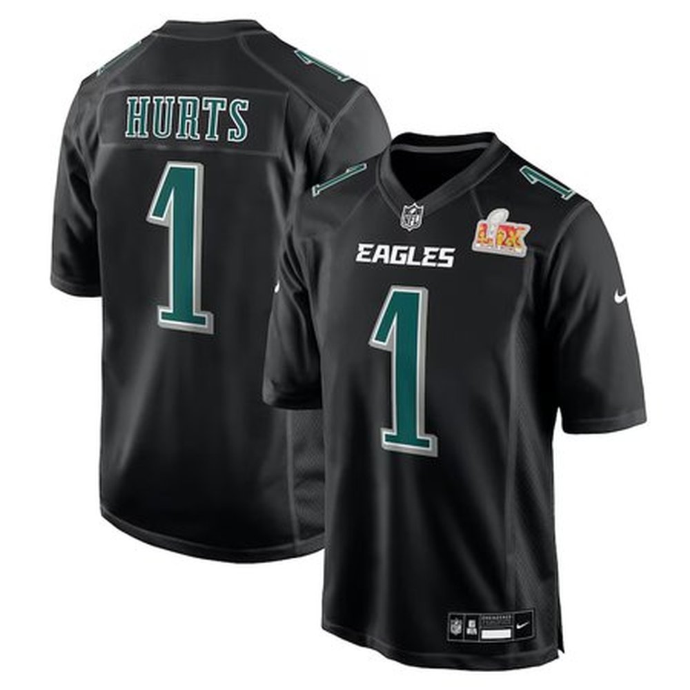 Men's Philadelphia Eagles #1 Jalen HurtsCarbon Black Super Bowl LIX Fashion Game Player Jersey