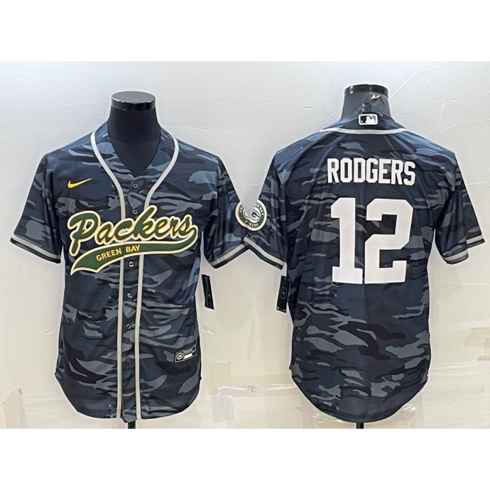 Men's Green Bay Packers #12 Aaron Rodgers Grey Camo With Patch Cool Base Stitched Baseball Jersey
