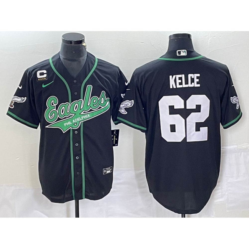 Men's Philadelphia Eagles #62 Jason Kelce Black With 4-starC Patch Cool Base Stitched Baseball Jersey