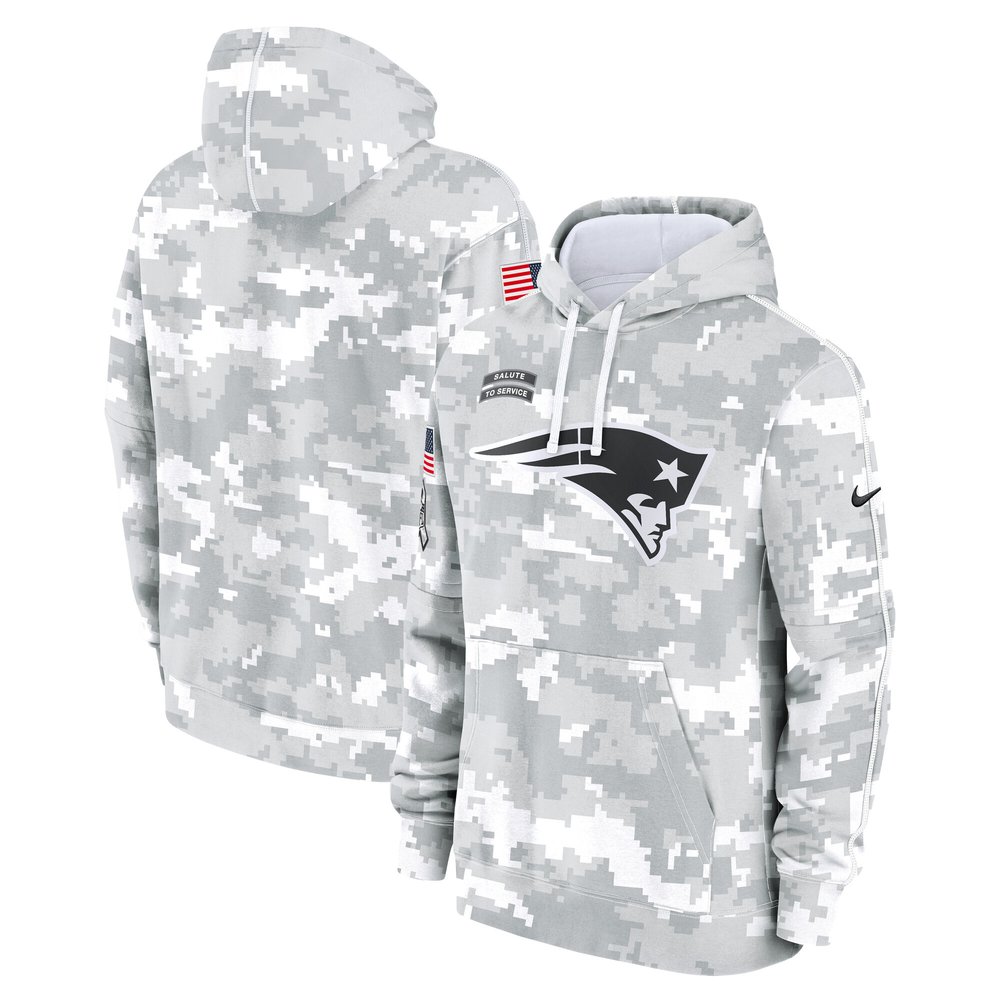 Men's New England PatriotsArctic Camo 2024 Salute to Service Club Fleece Pullover Hoodie