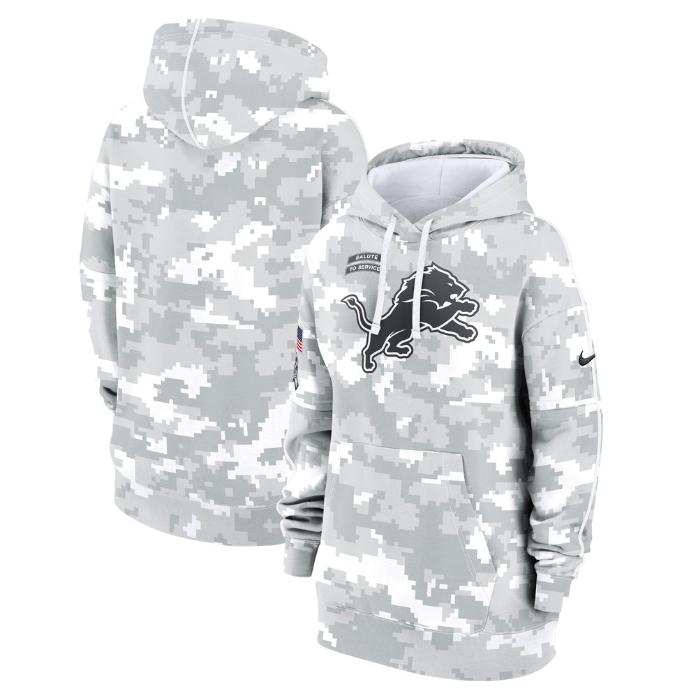 Women's Detroit LionsArctic Camo 2024 Salute To Service Club Fleece Pullover Hoodie