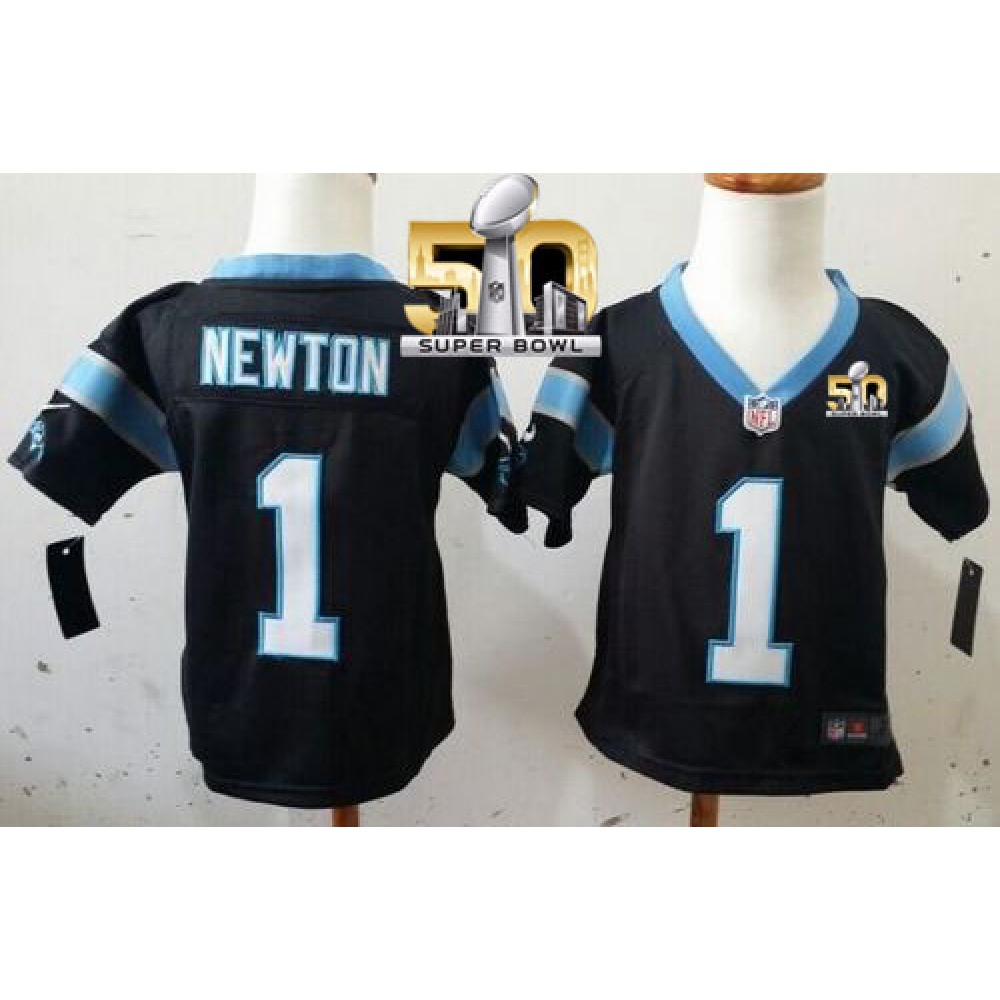 ToddlerPanthers #1 Cam Newton Black Team Color Super Bowl 50 Stitched NFL Elite Jersey