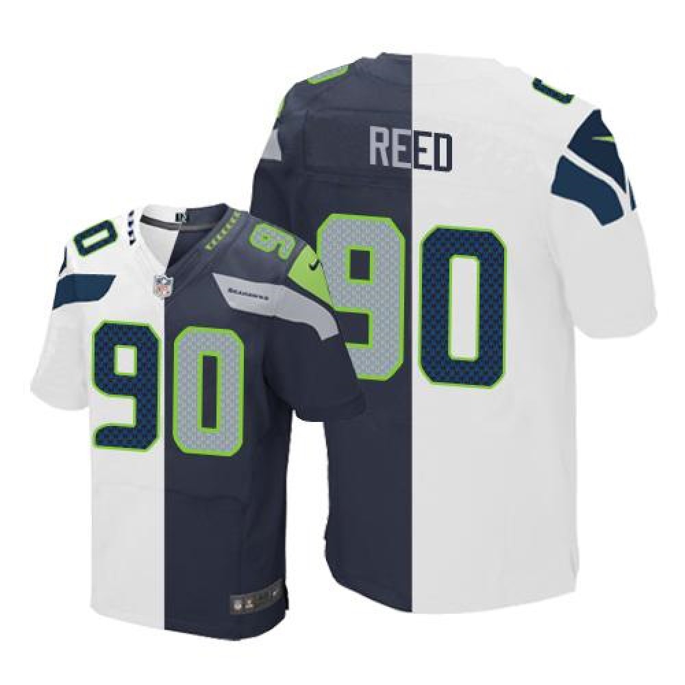 Seahawks #90 Jarran Reed White/Steel Blue Men's Stitched NFL Elite Split Jersey
