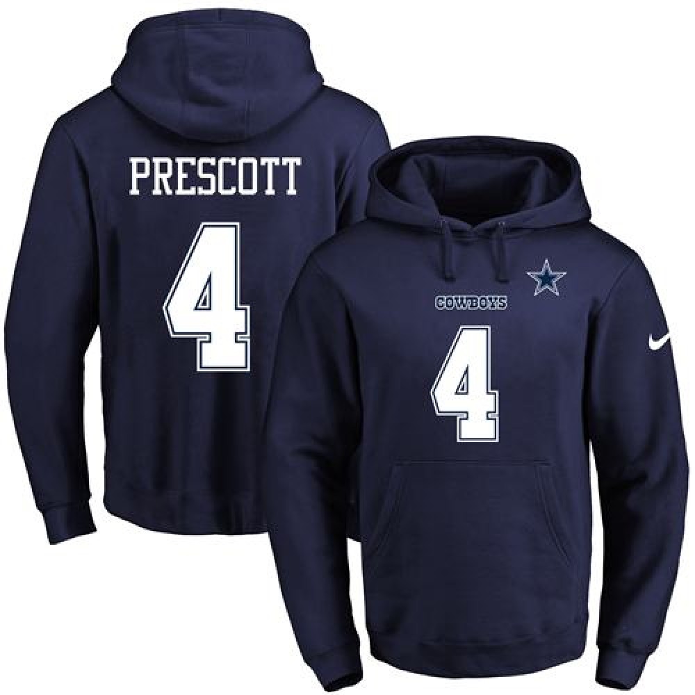 Cowboys #4 Dak Prescott Navy Blue Name & Number Pullover NFL Hoodie