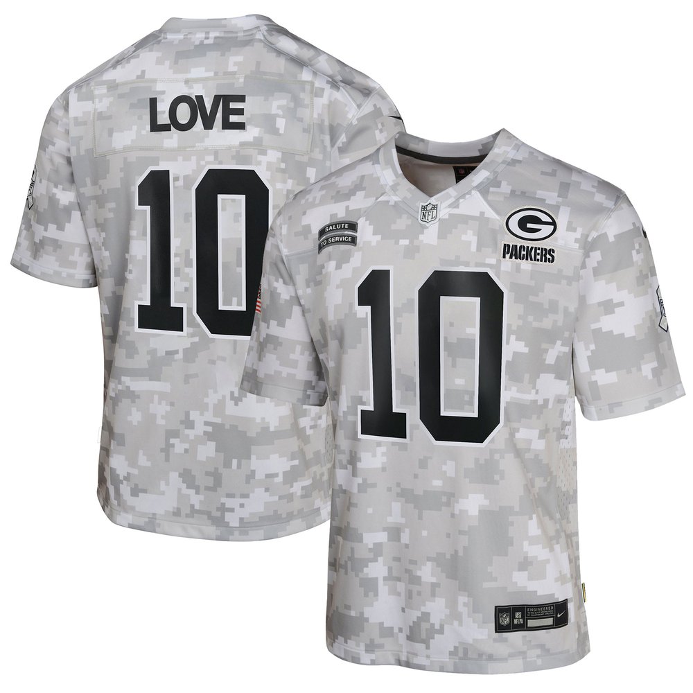 Youth Green Bay Packers #10 Jordan LoveArctic Camo 2024 Salute to Service Game Jersey