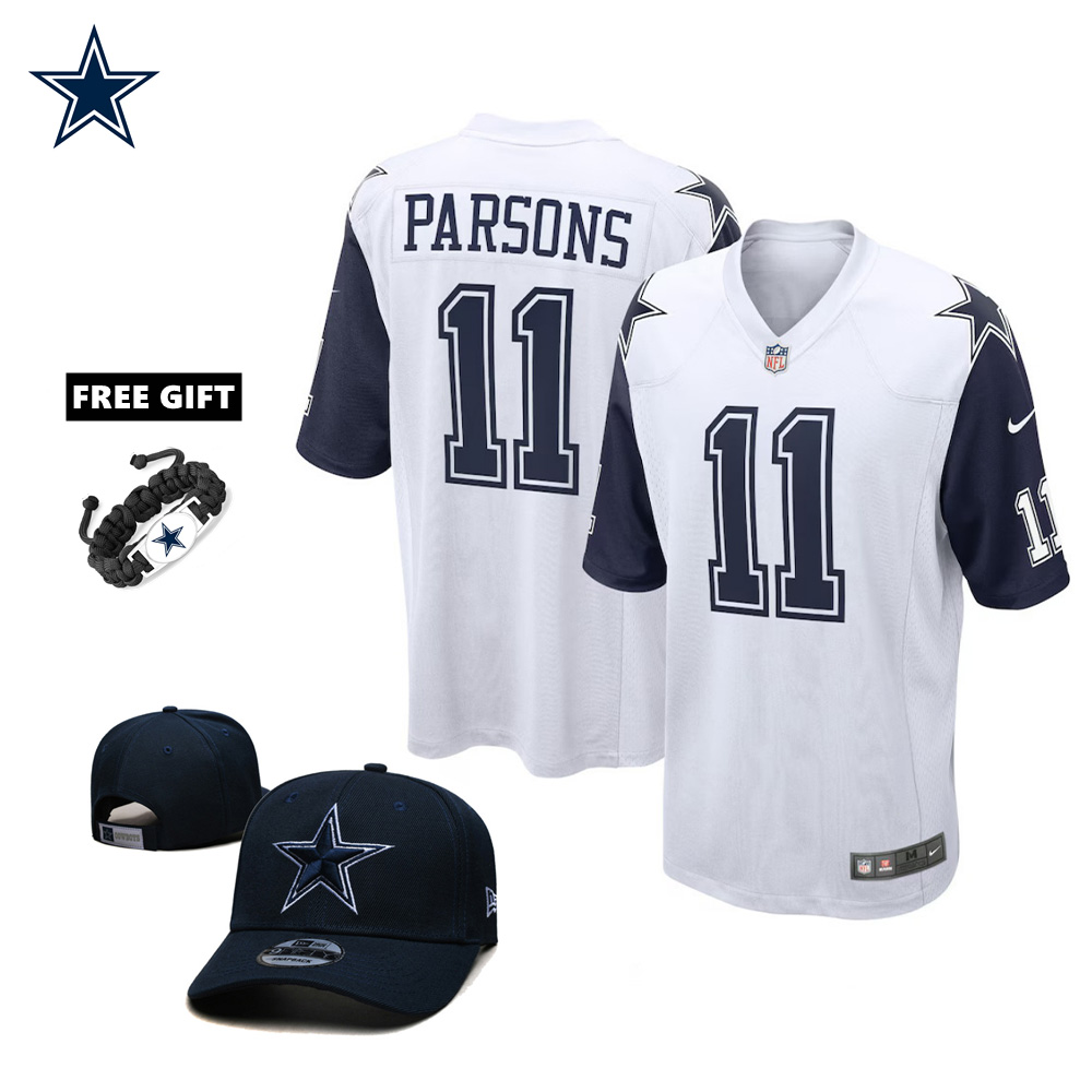 🔥Combo Sale - Dallas Cowboys Micah Parsons Nike White Alternate Game Jersey & New Era Navy Main 9FIFTY Adjustable Hat