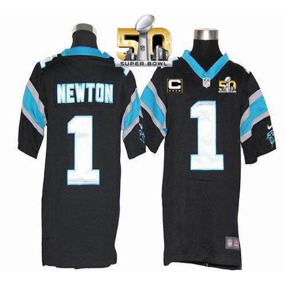Panthers #1 Cam Newton Black Team Color With C Patch Super Bowl 50 Youth Stitched NFL Elite Jersey