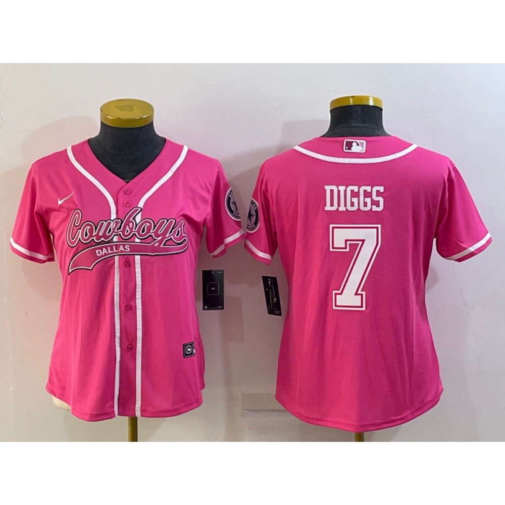 Women's Dallas Cowboys #7 Trevon Diggs Pink With Patch Cool Base Stitched Baseball Jersey(Run Small)