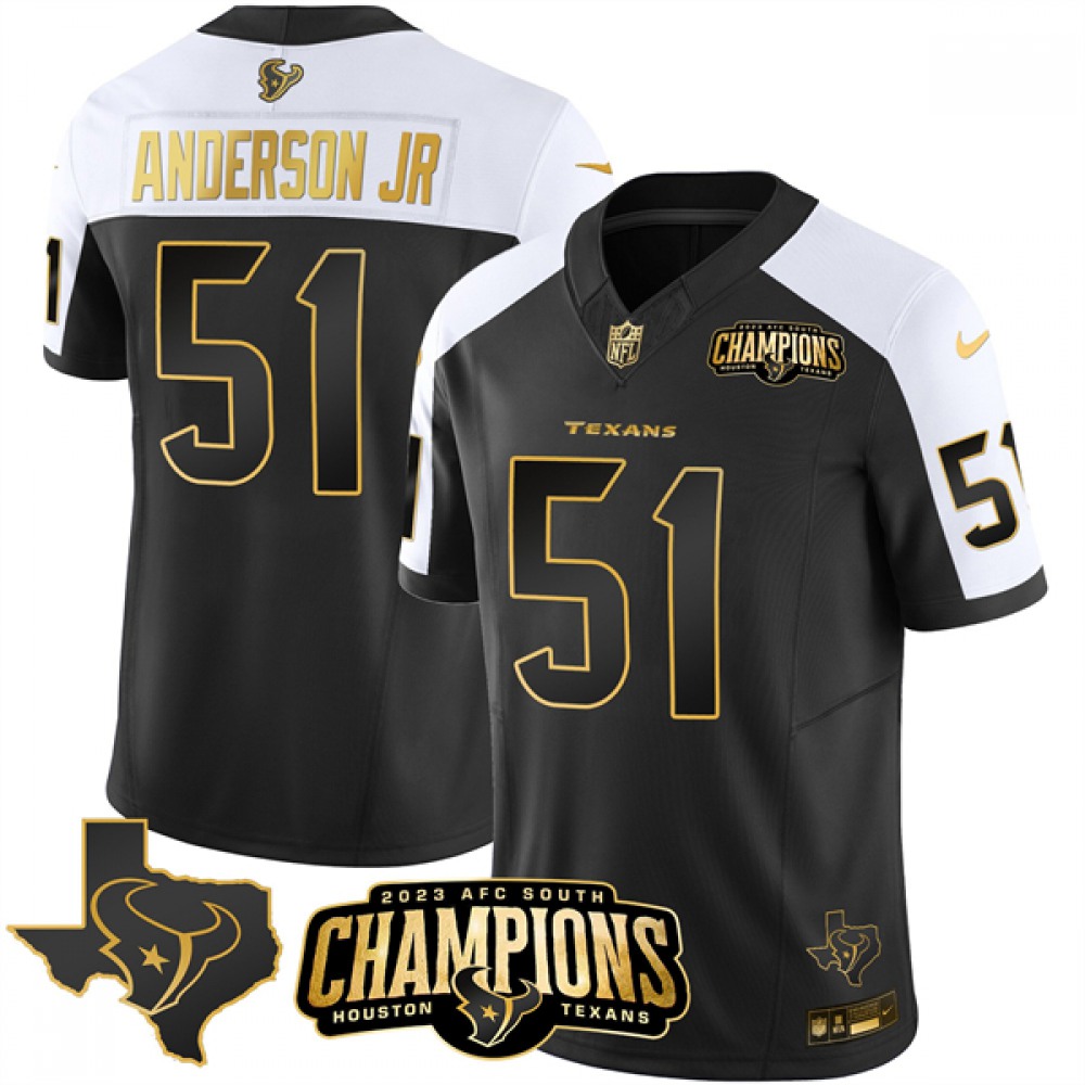 Men's Houston Texans #51 Will Anderson Jr. Black/White Golden2023 F.U.S.E. With AFC South Champions Patch And Team Logo Patch Limited Stitched Football Jersey