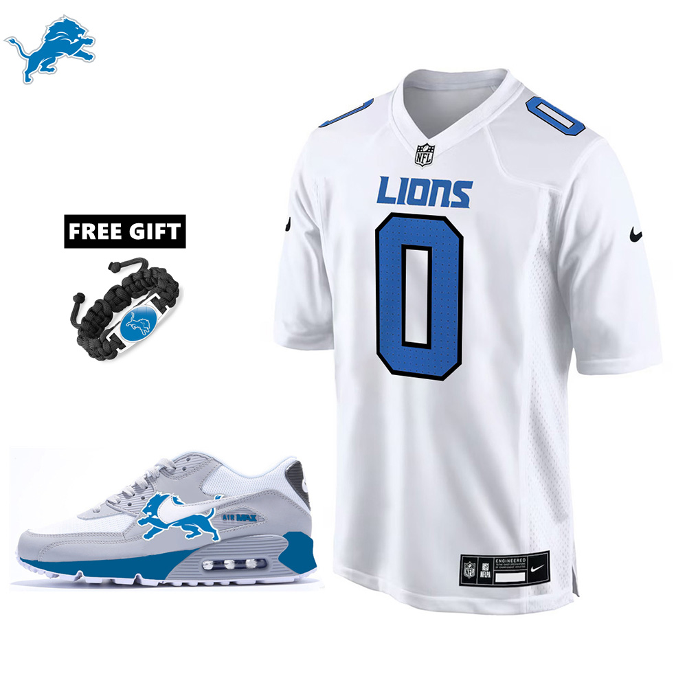 🔥Combo Sale - Detroit Lions Jahmyr Gibbs Nike White Tundra Fashion Game Jersey & Air Max 90 Classic Sneakers